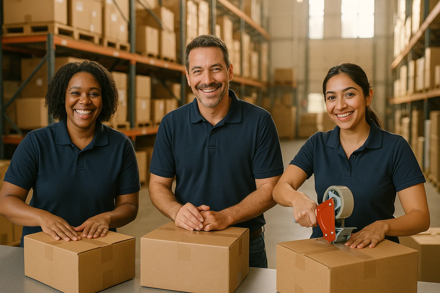 Equipo de Box Delivery LLC empacando cajas en la bodega